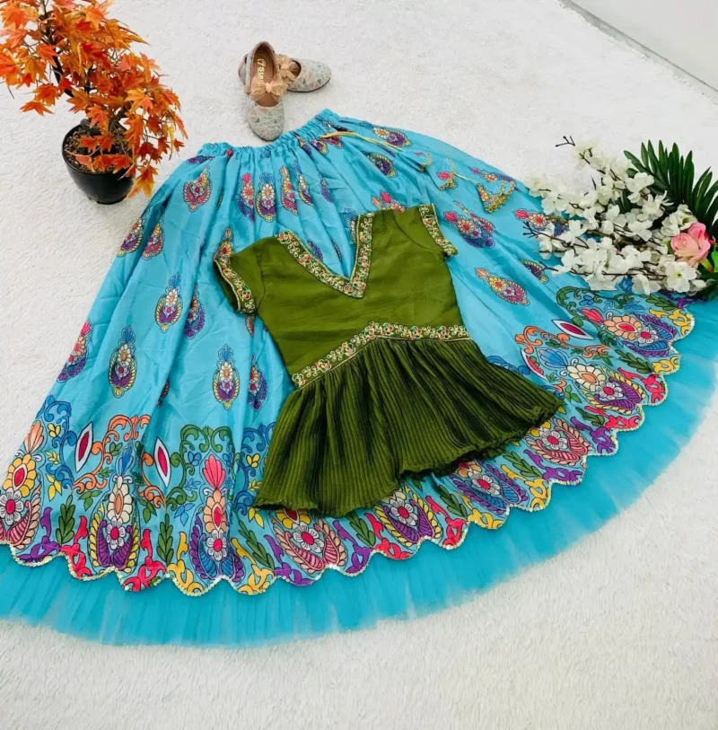 Embroidered Crush Work Chinon Silk Lehenga for Kids