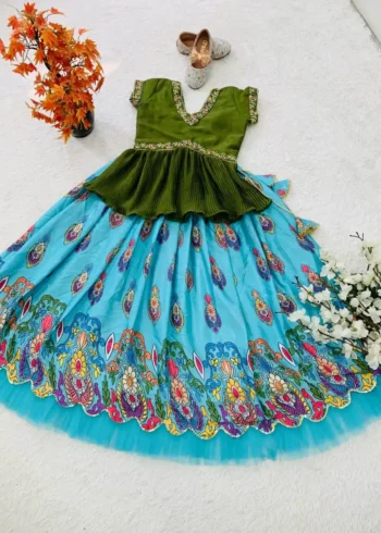 Embroidered Crush Work Chinon Silk Lehenga for Kids