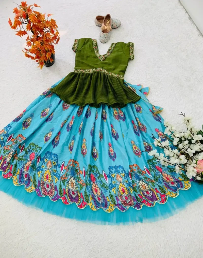 Embroidered Crush Work Chinon Silk Lehenga for Kids
