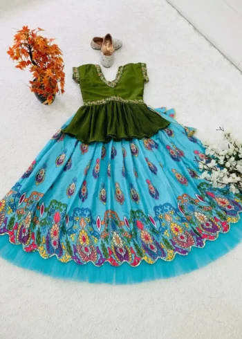 Embroidered Crush Work Chinon Silk Lehenga for Kids