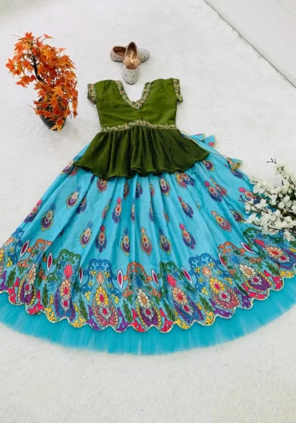 Embroidered Crush Work Chinon Silk Lehenga for Kids