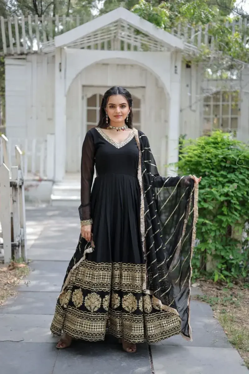 Faux Blooming Partywear Gown with Sequins Embroidered Border