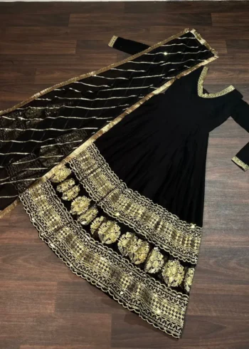 Faux Blooming Partywear Gown with Sequins Embroidered Border