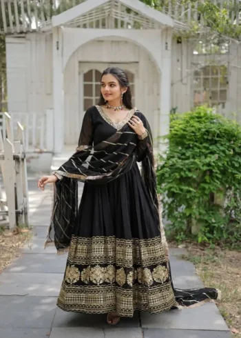 Faux Blooming Partywear Gown with Sequins Embroidered Border