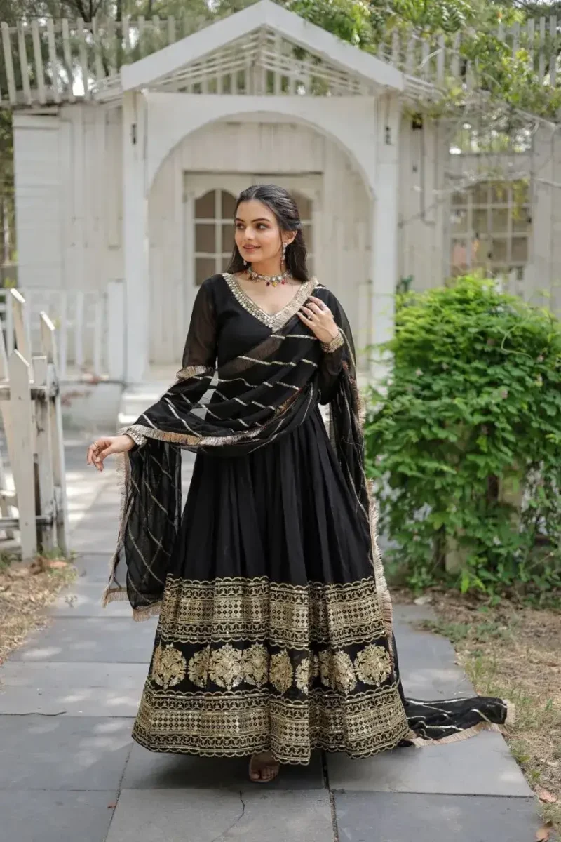 Faux Blooming Partywear Gown with Sequins Embroidered Border