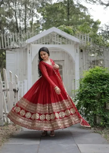 Faux Blooming Partywear Gown with Sequins Embroidered Border