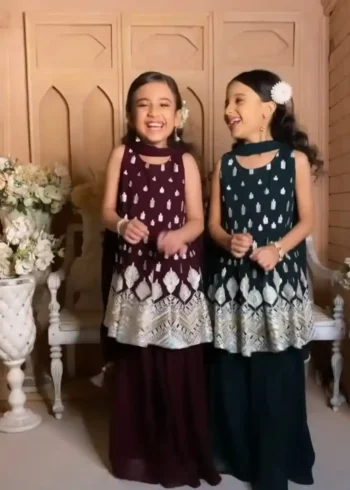 Faux Georgette Cut Work Sequins Embroidered Kids Top & Palazzo set