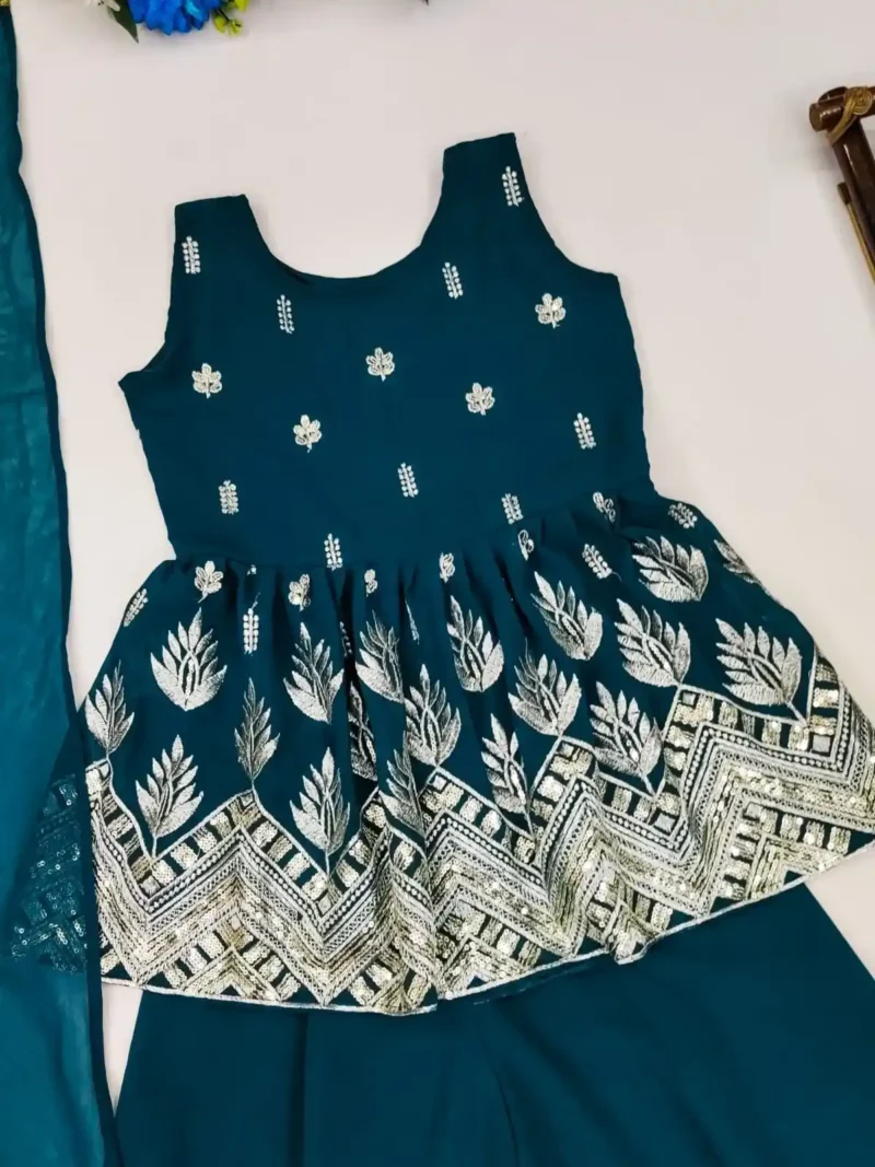 Faux Georgette Cut Work Sequins Embroidered Kids Top & Palazzo set