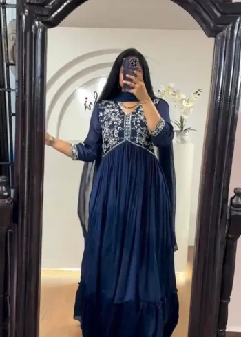 Faux Georgette Embroideree Pleated Gown for Women