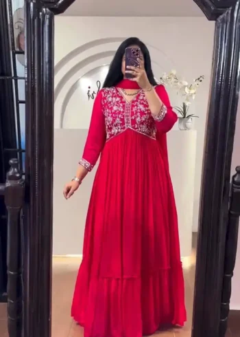 Faux Georgette Embroideree Pleated Gown for Women