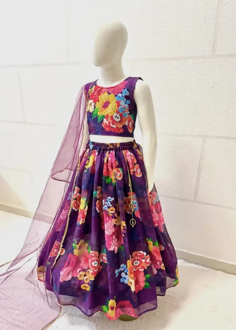 Faux Georgette Hand Work & Floral Printed Kids Lehenga