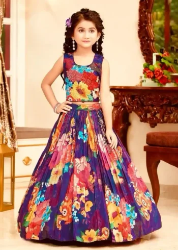 Faux Georgette Hand Work & Floral Printed Kids Lehenga