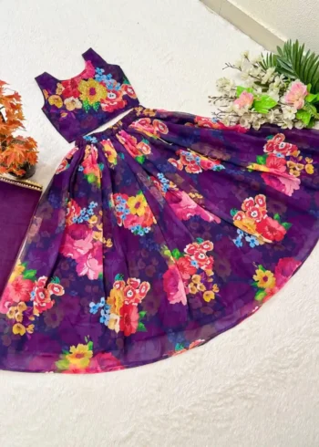 Faux Georgette Hand Work & Floral Printed Kids Lehenga