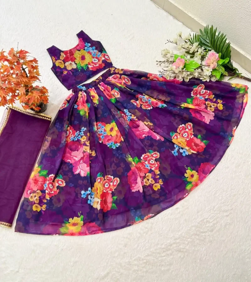 Faux Georgette Hand Work & Floral Printed Kids Lehenga