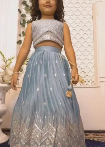 Faux Georgette White Multi Sequins Embroidered Lehenga for Kids
