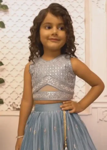 Faux Georgette White Multi Sequins Embroidered Lehenga for Kids