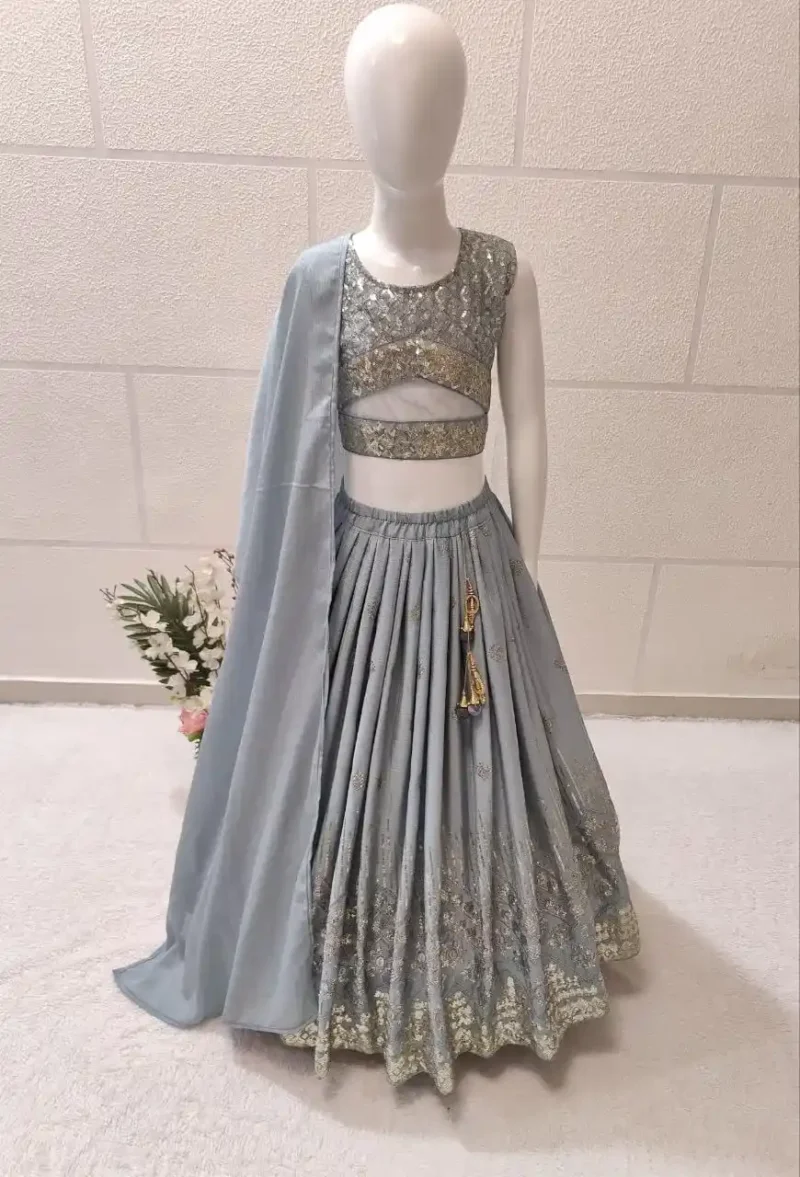 Faux Georgette White Multi Sequins Embroidered Lehenga for Kids