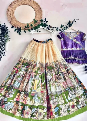 Fill Fill Border Design Kalam Kari Printed Kids Lehenga Choli