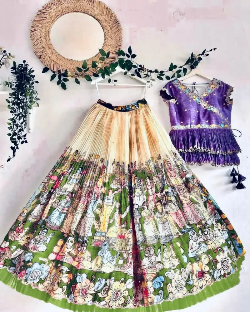 Fill Fill Border Design Kalam Kari Printed Kids Lehenga Choli