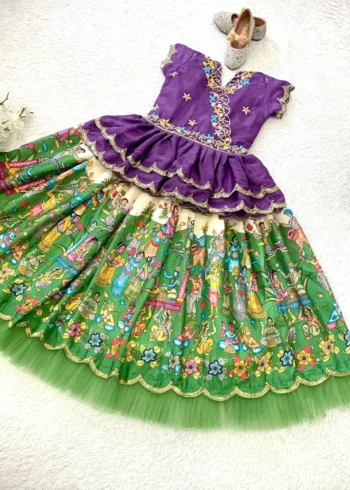 Fill Fill Border Design Kalam Kari Printed Kids Lehenga Choli