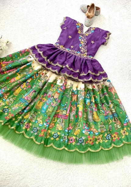 Fill Fill Border Design Kalam Kari Printed Kids Lehenga Choli