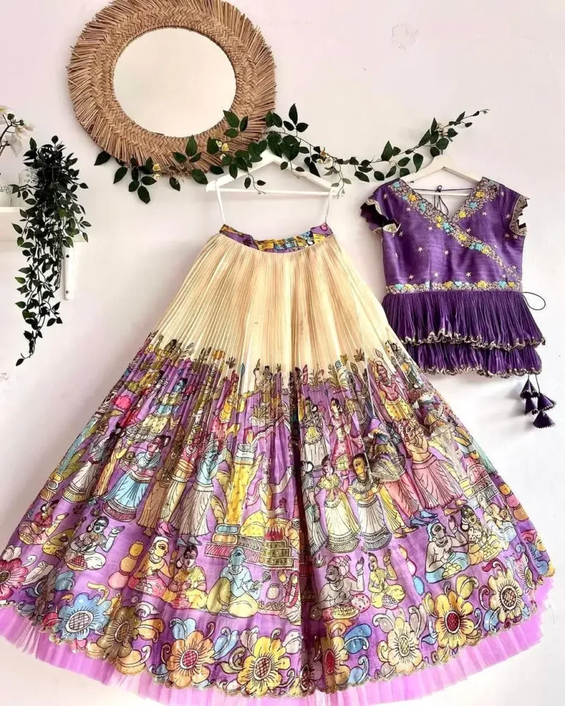 Fill Fill Border Design Kalam Kari Printed Kids Lehenga Choli