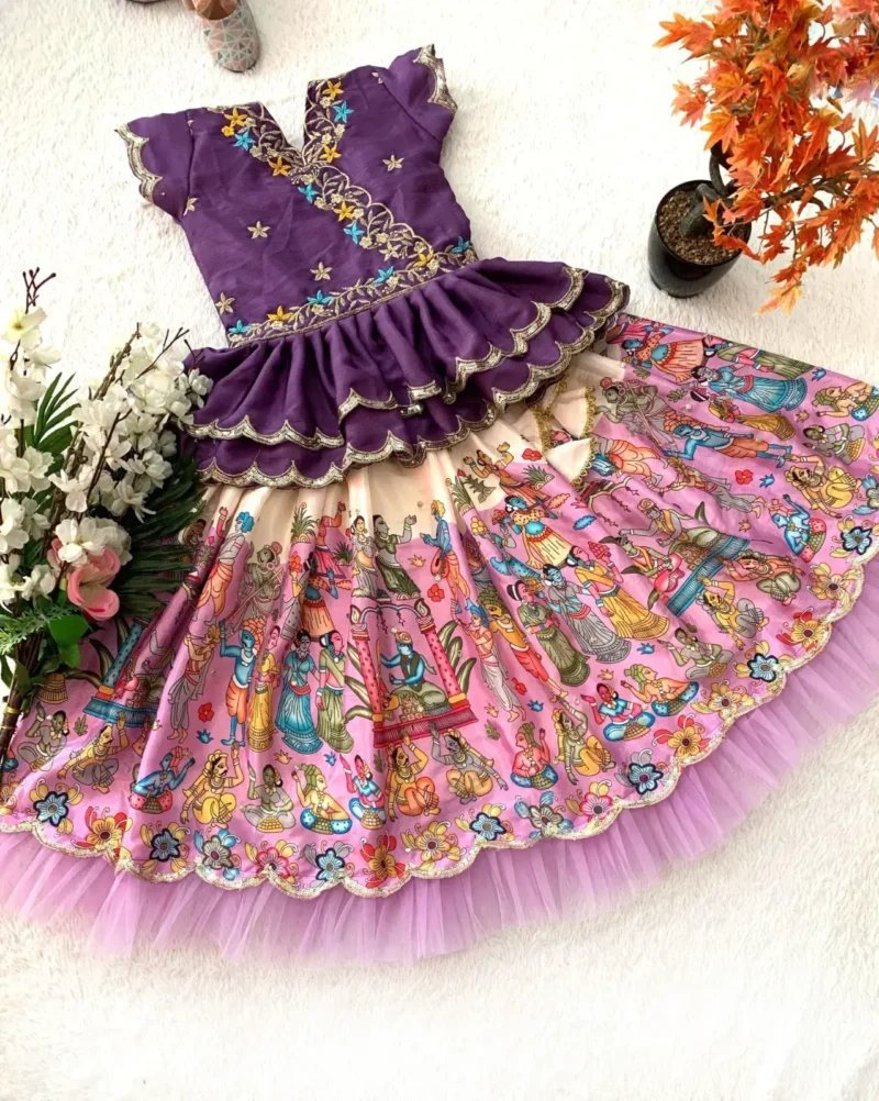 Fill Fill Border Design Kalam Kari Printed Kids Lehenga Choli