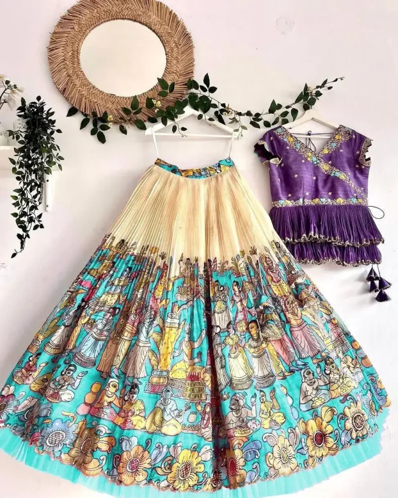 Fill Fill Border Design Kalam Kari Printed Kids Lehenga Choli