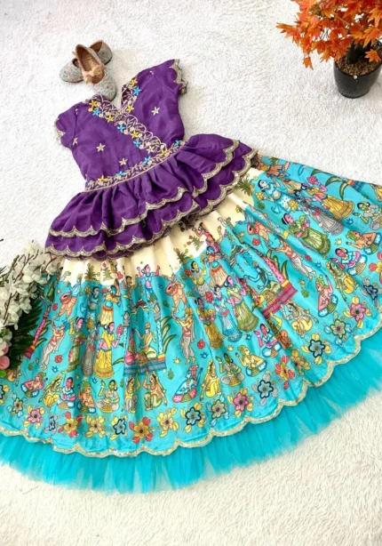 Fill Fill Border Design Kalam Kari Printed Kids Lehenga Choli