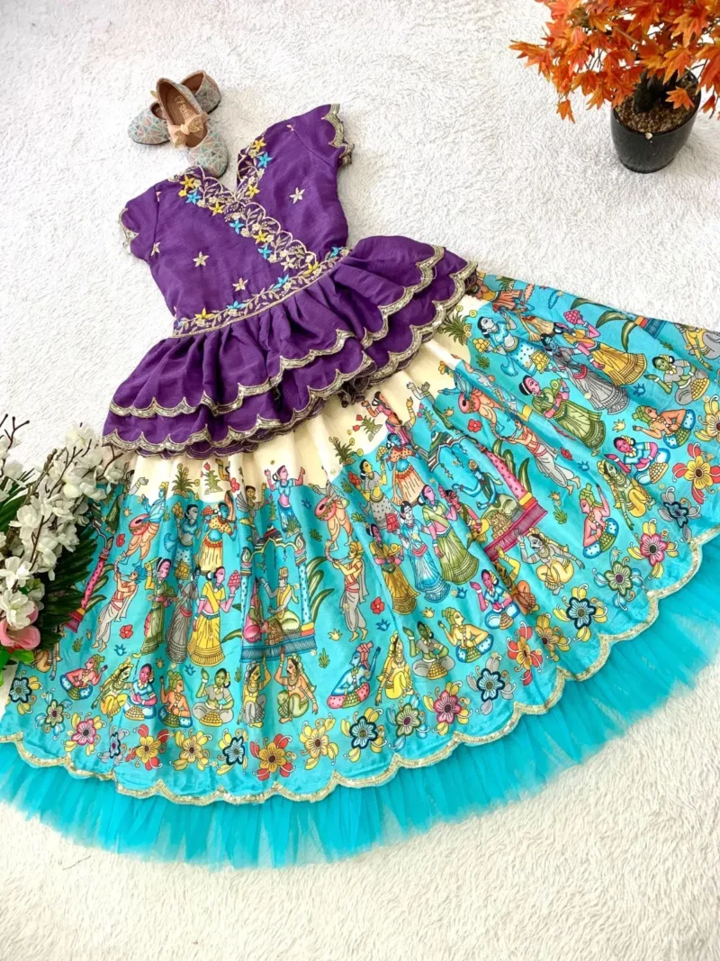 Fill Fill Border Design Kalam Kari Printed Kids Lehenga Choli