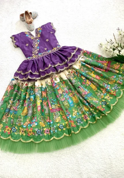 Fill Fill Border Design Kalam Kari Printed Kids Lehenga Choli