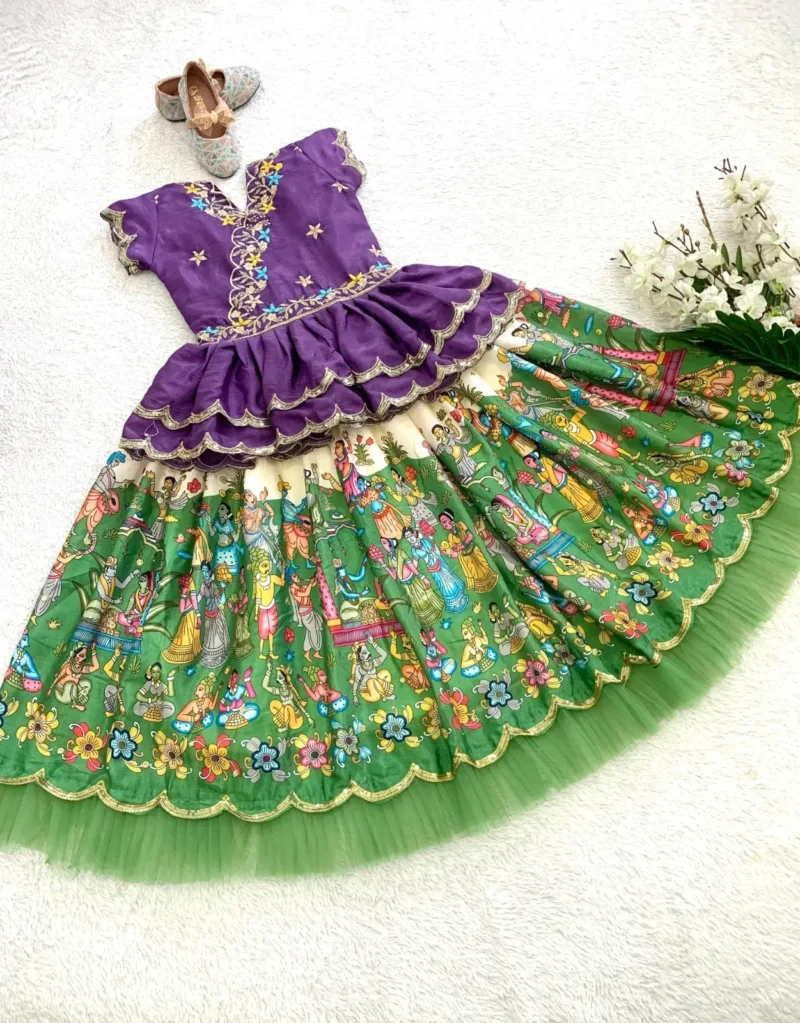 Fill Fill Border Design Kalam Kari Printed Kids Lehenga Choli
