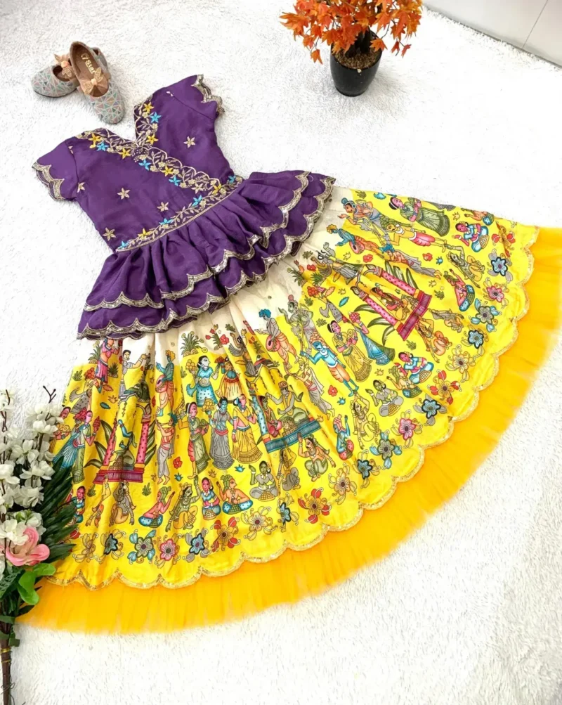 Fill Fill Border Design Kalam Kari Printed Kids Lehenga Choli