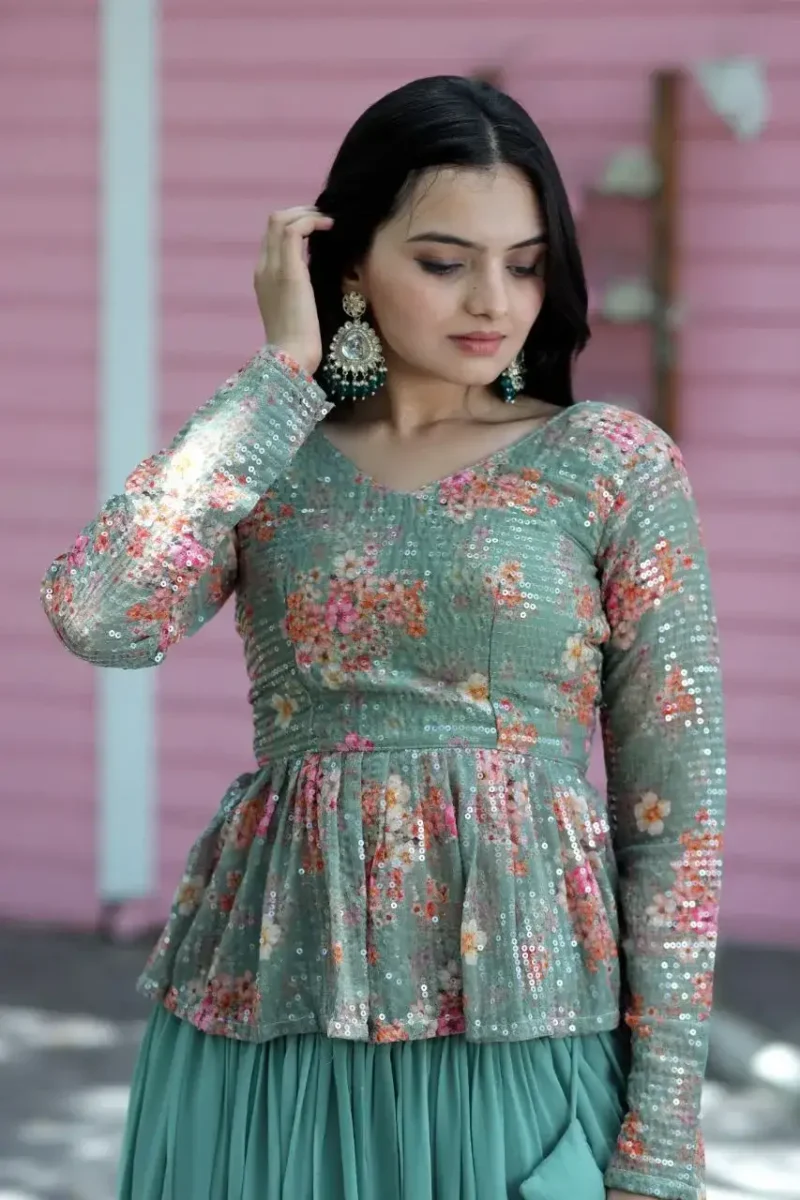 Flower Digital Printed Frill Design Party Wear Lehenga
