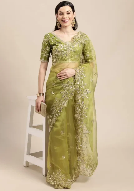 Green Color Heavy Embroidered Wedding & Party Wear Saree