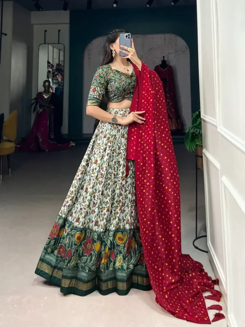 Green Color Tussar Silk Foil & Floral Printed Chaniya Choli