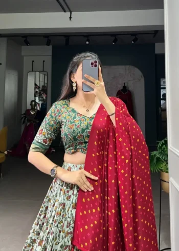 Green Color Tussar Silk Foil & Floral Printed Chaniya Choli