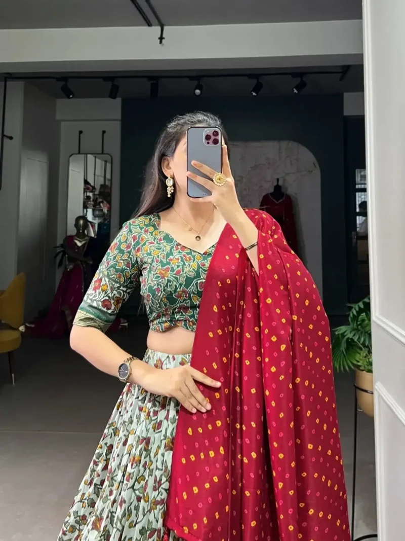 Green Color Tussar Silk Foil & Floral Printed Chaniya Choli