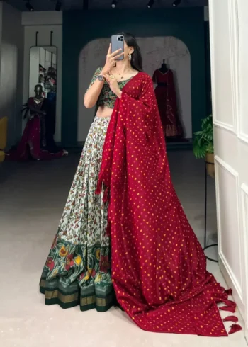 Green Color Tussar Silk Foil & Floral Printed Chaniya Choli