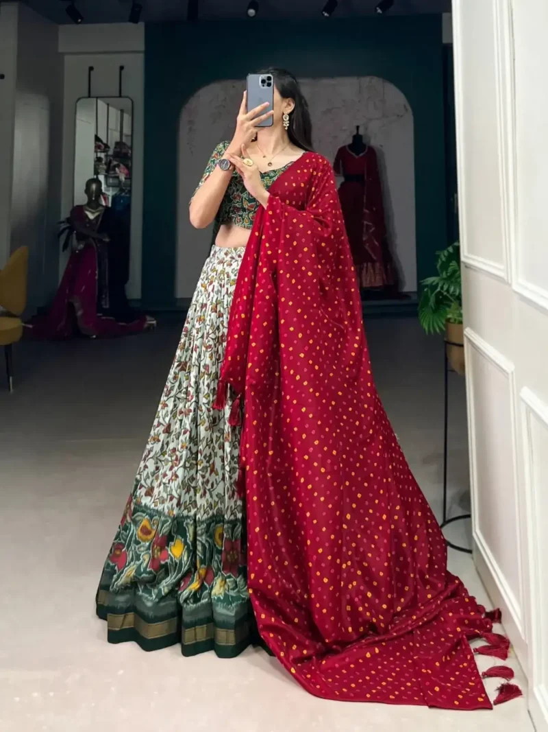 Green Color Tussar Silk Foil & Floral Printed Chaniya Choli