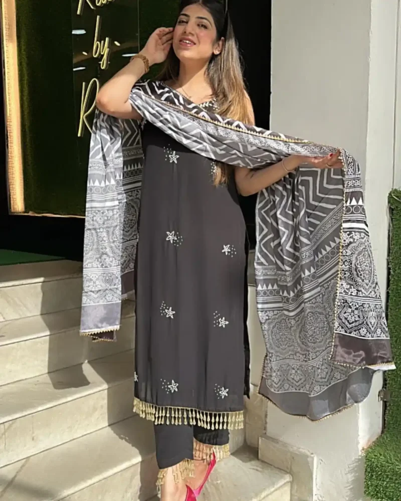 Hand Work Fox Georgette Black Kurti Set