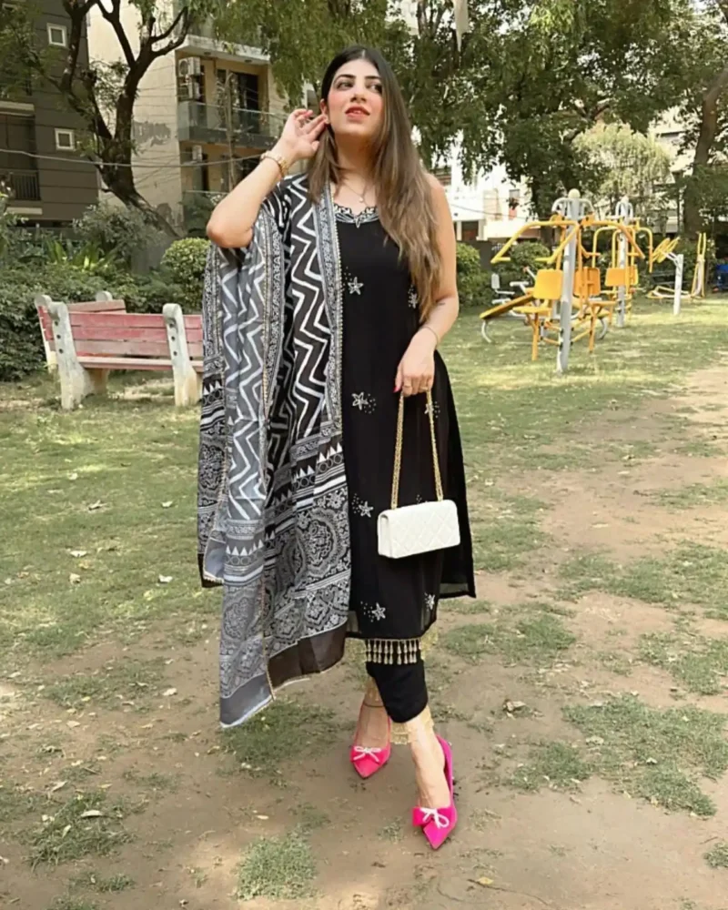 Hand Work Fox Georgette Black Kurti Set
