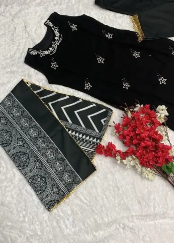 Hand Work Fox Georgette Black Kurti Set
