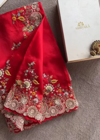 Heavy Embroidered Rangoli Silk Wedding Saree with Piping Border