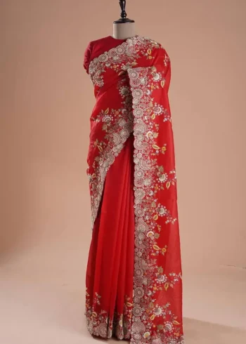 Heavy Embroidered Rangoli Silk Wedding Saree with Piping Border