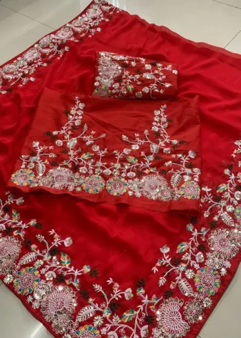 Heavy Embroidered Rangoli Silk Wedding Saree with Piping Border
