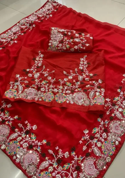 Heavy Embroidered Rangoli Silk Wedding Saree with Piping Border