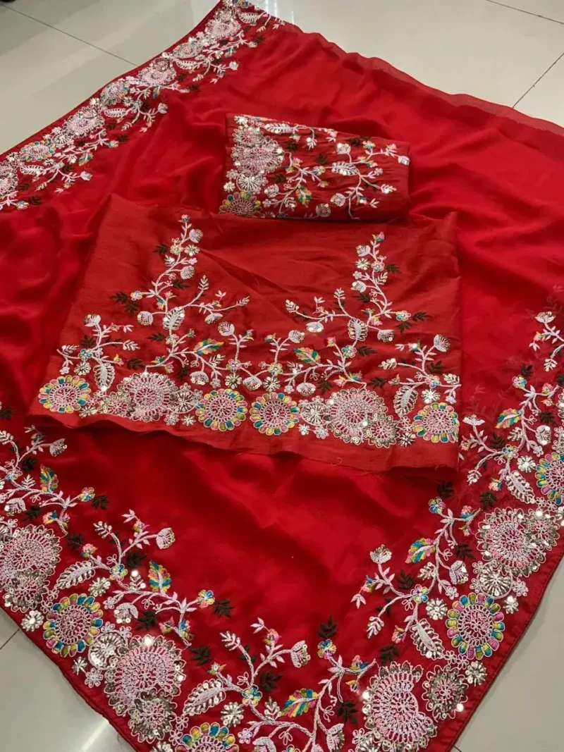 Heavy Embroidered Rangoli Silk Wedding Saree with Piping Border