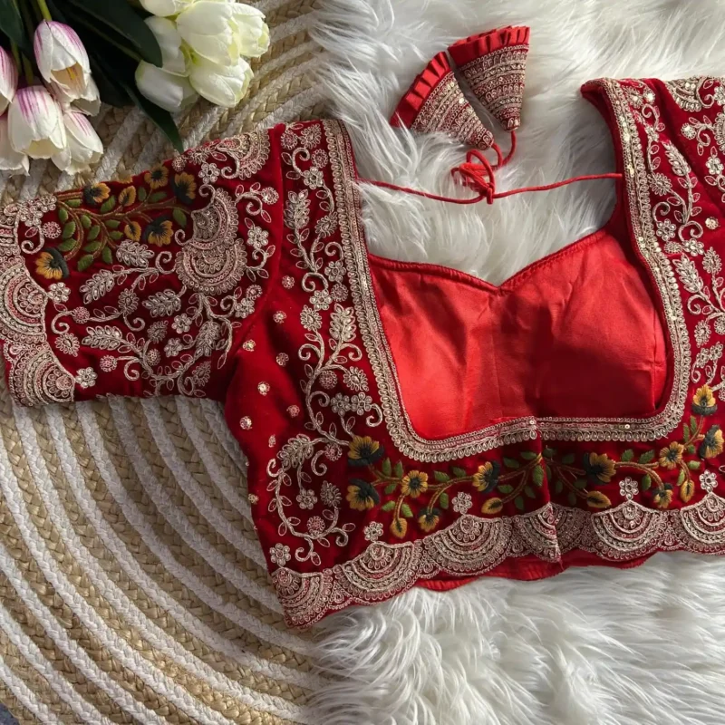 Heavy Embroidery Multi Thread Velvet Cutwork Blouse