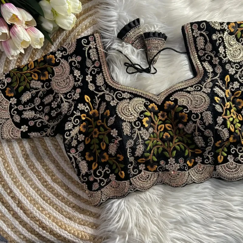 Heavy Embroidery Multi Thread Velvet Cutwork Blouse